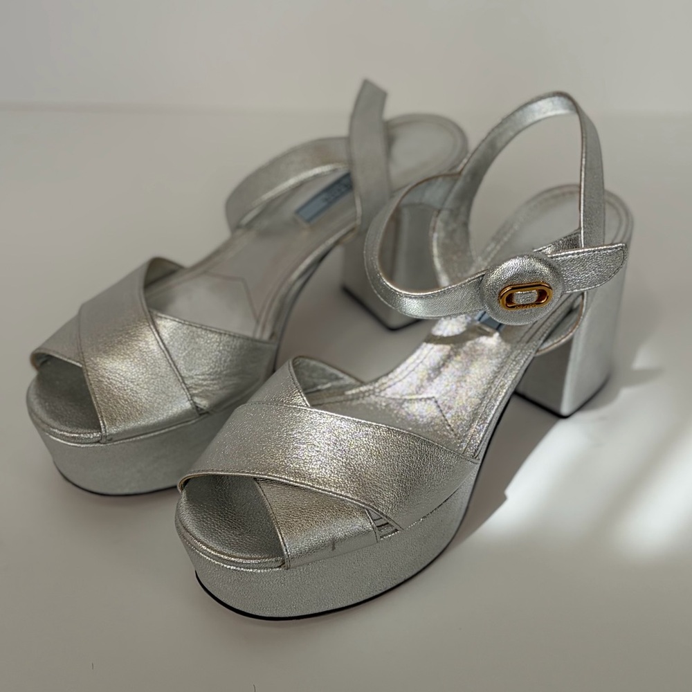 Prada Silver Criss Cross Platform Sandals